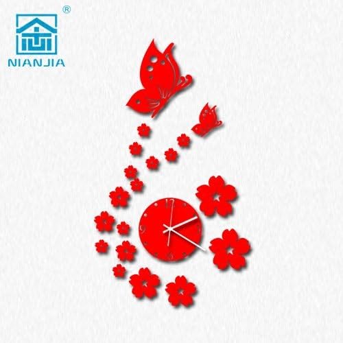 TONPAR Crystal 3D Home DIY wall sticker Butterfly mirror wall clock , red