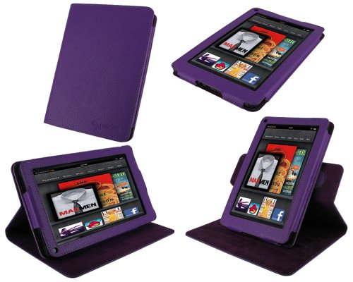 rooCASE Dual-View Multi Angle (Purple) Genuine Leather Folio Case Cover for Amazon Kindle Fire 7-Inch Android Tablet