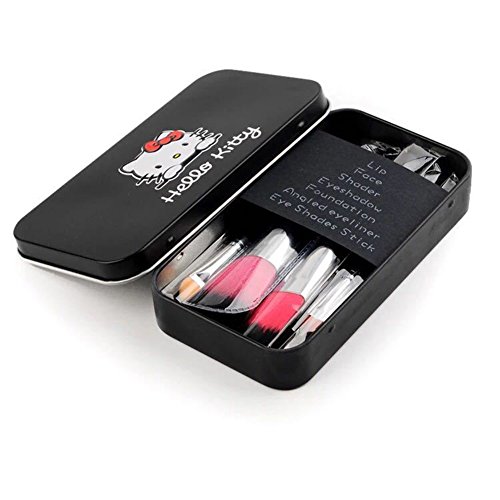 Geekable Park 7pcs Hello Kitty Black Cosmetic Brush Set Kit with Iron Box (7pcs, Hello Kitty Black with Box)