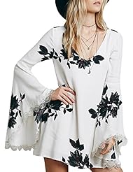 A-line V-neck Floral Print Bell Sleeves Polyester Applique Cutout Mini Dress 