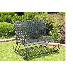 Iron Scroll Outdoor Double Patio Rocker Garden Bench :Grey