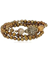 3 Row Brown Freshwater Cultured Pearls with Brown Agate and Gold over Silver Filigree Accent Stretch Bracelet, 7.5"