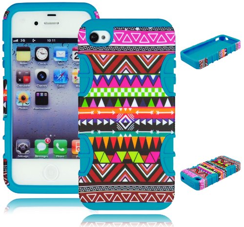 Bastex Hybrid Case for Apple Iphone 4, 4s, 4g - Sky Blue Silicone / Aztec Tribal Hard