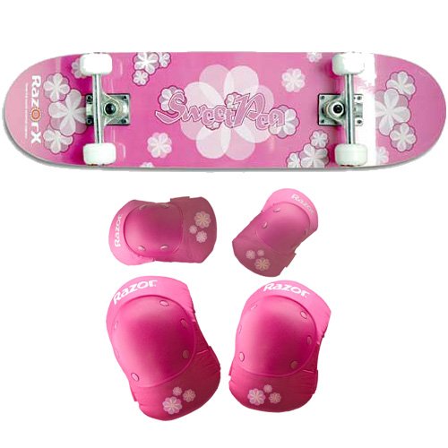 RazorX Sweet Pea Skateboard  and Razor Sweet Pea Youth Multi-Sport Elbow and Knee Pad Set Bundle