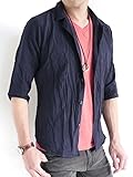 (オークランド) Oakland 7分袖 しわ加工 綿麻 シャツ ジャケット テーラード 七分袖 テイラード ジャケット デザイン サマー メンズ ネイビー Mサイズ