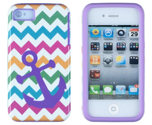DandyCase 2in1 Hybrid High Impact Hard Nautical Anchor Colorful Chevron Pattern + Purple Silicone Case Cover For Apple iPhone 4S & iPhone 4 + DandyCase Screen Cleaner