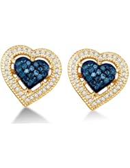10K White Gold Micro Pave & Channel Set Round White and Blue Diamond Heart Stud Earrings - (Height = 12mm ; Width = 12mm) - (2/5 cttw)