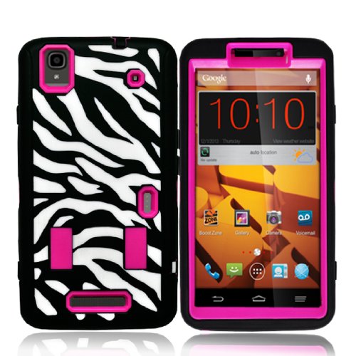 Ebestsale Hybrid Armor Shockproof Hard Soft Defender Case Back Cover for Zte Max N9520 Boost (Not for ZTE ZMAX) (Zebra Printed Hot Pink)