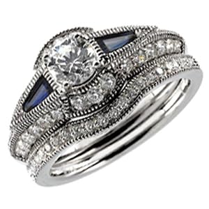 14K White Gold Blue Sapphire Diamond Wedding Ring Set (Center stone is not included)