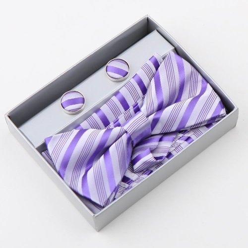 Purple Stripes Silk Pre-tied Bowtie, Cufflinks,Handkerchiefs Gift Box Set blue violet discount bowtie Pointe BT2051