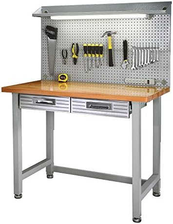 Lighted Hardwood Top Workbench Worktable with Integrated Light and Power Strip