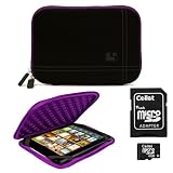 Black with Purple Trim Smart Aero Protection Design Slim Soft Suede Cover Carrying Sleeve Case with Extra Accessory Back Pocket Pandigital Novel 7 inch Multimedia Color eReader Android OS Tablet + Includes 4-inch ebigvalue Determination Hand Strap + Micro 4 GB Flash Memory Card with MicroSD Adaptor