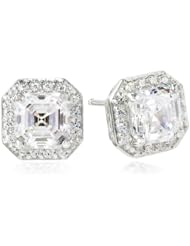 Sterling Silver Swarovski Zirconia 1 ct Asscher Center Halo Earrings