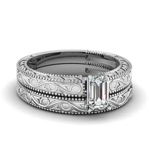 Fascinating Diamonds Emerald Cut .70 Ct Diamond Vintage Solitaire Engagement Wedding Rings Set VVS1 GIA