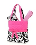 Monogrammable Pink Black & White Damask Patterned Quilted (3) Piece Diaper Bag