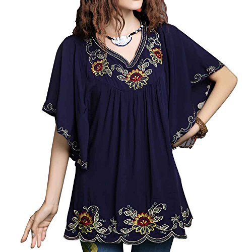 New 2015 Floral Embroidered Butterfly Sleeve Wrap Peasant Blouse