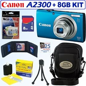 Canon PowerShot A2300 16.0 MP Digital Camera with 5x Digital Image Stabilized Zoom (Blue) + 8GB Accessory Kit