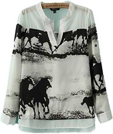 Lisingtool Women Long Sleeve Casual Black Horse Chiffon White Shirt