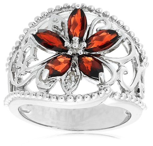 Platinum Plated Sterling Silver Garnet and Diamond Accent Flower Ring