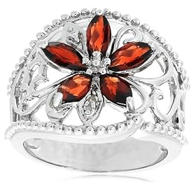 Platinum Overlay Sterling Silver Garnet w/ Diamond Accent Flower Ring