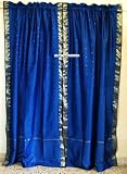 2 Blue Silk Sari Drapes, Panels, Curtains