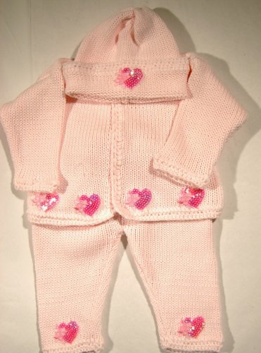 Cp86, Knitted on Hand Knitted Machine Baby Pink Cotton Trimmed By Hand Crochet with Pink Infant Girls Cardigan Sweater Pant Hat Set and Matching Blanket with Hot Pink Sequin Hearts