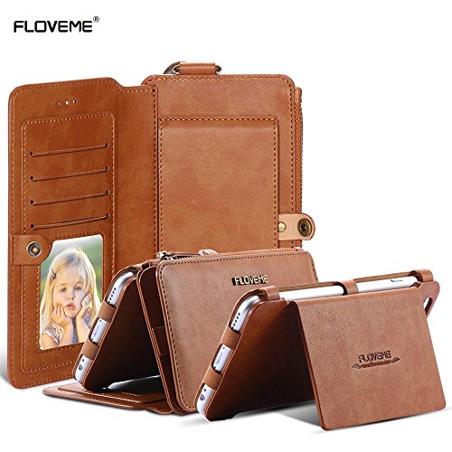 For iPhone 6 Plus and iPhone 6s Plus Case, FLOVEME [Wallet Series] Vintage 2 in 1 Zipper Magnetic Leather 18 Card Slots Handbag 360 Degree Full Protection Flip Pouch Kickstand Cover - Brown