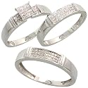 14k White Gold 3-Piece Trio His & Hers Wedding Band Set, w/ 0.30 Carat Brilliant Cut Diamonds, 3/16" (5mm) wide