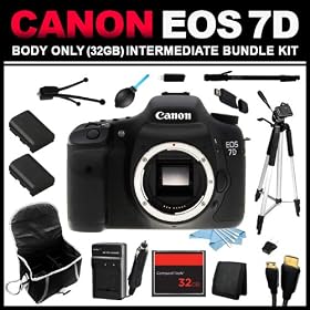 Canon EOS 7D 18 MP CMOS Digital SLR Camera with 3-Inch LCD (Body Only) (32GB Intermediate Bundle Kit) includes x2 Batteries, Charger, Case, Memory Card, Memory Card Wallet, HDMI Cable, Table Tripod, Full Size Tripod, Monopod, USB Card Reader, Dust Blower, Cleaning Kit - 3814B004