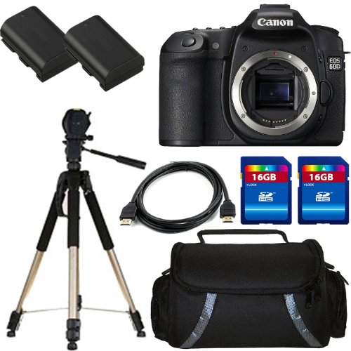 Canon EOS 60D 18 MP CMOS Digital SLR Camera with 3.0-Inch LCD (Body Only) + Canon LP-E6 Equivalent Replacement Battery (2Pcs) + 16GB SDHC Memory (2Pcs)+ Deluxe Case + Aluminum Tripod + HDMI Cable
