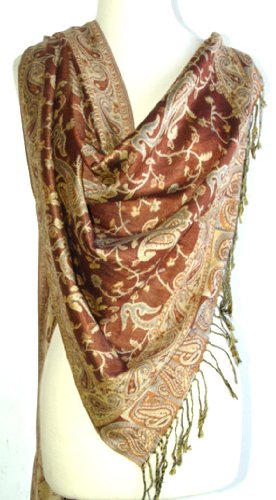 Elegant Brown Reversible Paisley Pashmina Silk Shawl Wrap