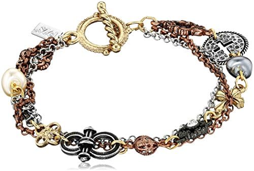 Symbols of Faith Mixed Metal Color Cross Charm Toggle Bangle Bracelet, 7.5"