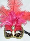 Venetain Colombina Feather Carnival Mask/Pink and Red Feathers with white Nose