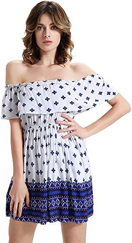 FAIRDLS Women's Summer Off Shoulder Cotton Beach Elastic Waist Mini Sun Dress (S, White)
