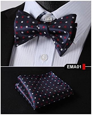 Ema Polka Dot Floral Men Silk Woven Pocket Square Self Bow Tie Handkerchief Set Color: EMA01( Navy Blue Red)