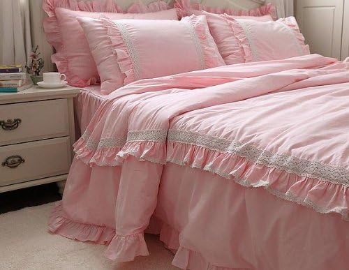 3pcs Shabby and Vintage Style Lace with Ruffle Pink & White Cotton Duvet Cover Set201456 (Twin)