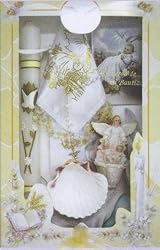 Baptism Gift Sets - Sculptured Candle - Rosary - Hanky - Shell - Gift Box 11.5in.x7.5in. - ENGLISH