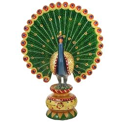 Wooden Carved Birds: Hand-painted Wooden Peacock, Home Decor From India