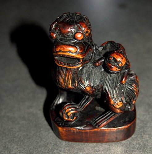 Old Chinese Wood Hand Carved Fu Lion Foo Dog Monkey on Back Figurine Statue