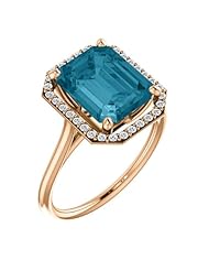 18K Rose Gold 10.00x8.00mm Emerald Cut London Blue Topaz and Diamond Halo-Style Ring -- LIFETIME WARRANTY