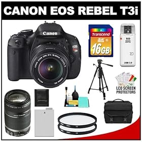 Canon EOS Rebel T3i 18.0 MP Digital SLR Camera Body & EF-S 18-135mm IS Lens with 55-250mm IS Lens + 16GB Card + Battery + Case + (2) Filters + Tripod + Cleaning Kit