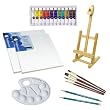 Custom Small Canvas Watercolor Painting Set with Mini Studio Easel, 2 Winsor & Newton Canvases: 10 x 10 Inch and 8 x 8 Inch, Reeves 12 Artist Colors Watercolor Set, 4 Bristle Camel Hair Paint Brushes, Mixing Palette, and 2 Prismacolor Turquoise Graphite Drawing Pencils: 2H and 3B