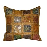 Moti Bead Khaki Gold India Sari Floor Pillow Cushion 24