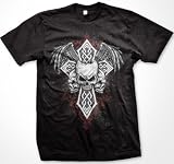 Best Price Redemption Skulls and Winged Cross Mens Gothic T-shirt, Cross With Wings and Skulls Mens Tattoo Style Design Shirt