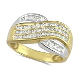 9ct Yellow Gold Ladies 3 Row Channel Set Baguette And Round Diamond Crossover Ring Size O