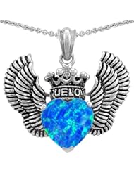 Genuine TRUE LOVE (tm) 925 Silver Created Blue Opal Heart With Crown and Angel Wings Pendant