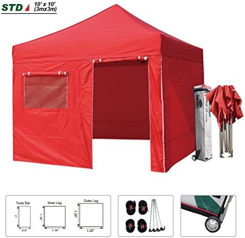 New STD 10x10 Feet Commercial Ez Pop up Instant Canopy Quick Shelter Tent Outdoor Gazebo W/4 Zipper End Side Walls W/roller Bag (Red)