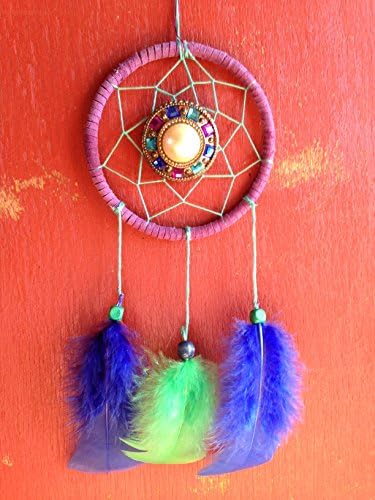 4x10in Purple, Blue, and Green Dreamcatcher with Large Jewel and Feathers