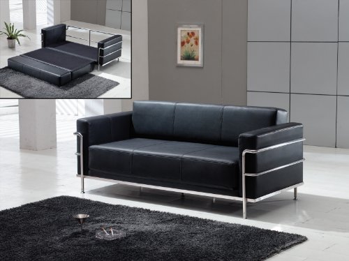 Contemporary Furniture Le Corbusier Style Black Leather Sofa/Sleeper