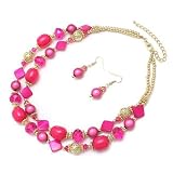Goldtone Fuchsia Acrylic and Glass Beads Necklace and Earrings Set